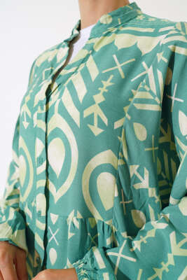 Boy Düğmeli Salaş Desenli Elbise Çağla Yeşili - Tesettür Elbise