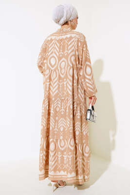 Boy Düğmeli Salaş Desenli Elbise Camel - Tesettür Elbise