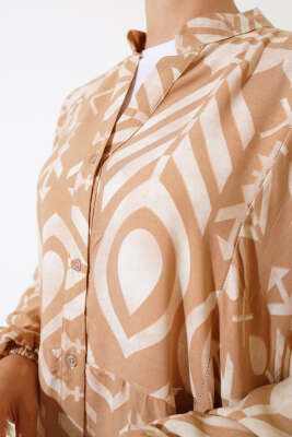 Boy Düğmeli Salaş Desenli Elbise Camel - Tesettür Elbise