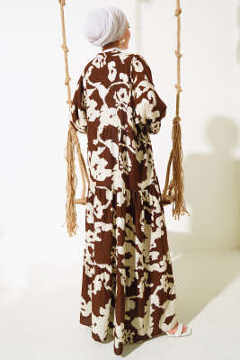 Boy Düğmeli Salaş Desenli Elbise Kahve Bej - Tesettür Elbise