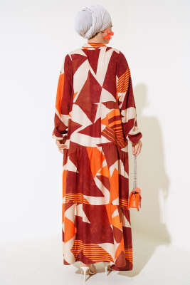 Boy Düğmeli Salaş Desenli Elbise Kahve - Tesettür Elbise