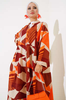 Boy Düğmeli Salaş Desenli Elbise Kahve - Tesettür Elbise