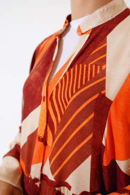 Boy Düğmeli Salaş Desenli Elbise Kahve - Tesettür Elbise