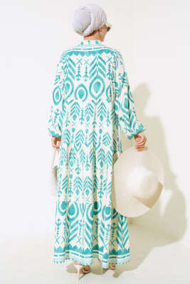 Boy Düğmeli Salaş Desenli Elbise Mınt - Tesettür Elbise