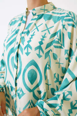 Boy Düğmeli Salaş Desenli Elbise Mınt - Tesettür Elbise