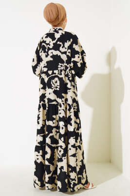 Boy Düğmeli Salaş Desenli Elbise Siyah Bej - Tesettür Elbise