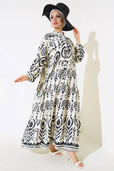 Boy Düğmeli Salaş Desenli Elbise Siyah - Elbise