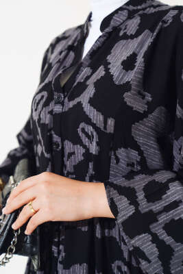 Boy Düğmeli Salaş Desenli Elbise Siyah Füme - Tesettür Elbise