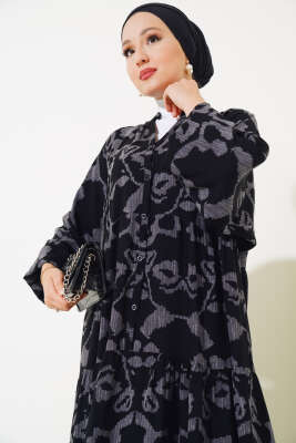 Boy Düğmeli Salaş Desenli Elbise Siyah Füme - Tesettür Elbise