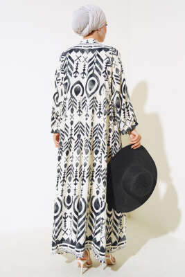 Boy Düğmeli Salaş Desenli Elbise Siyah - Tesettür Elbise