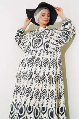 Boy Düğmeli Salaş Desenli Elbise Siyah - Tesettür Elbise