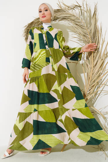 Boy Düğmeli Salaş Desenli Elbise Yeşil - Elbise