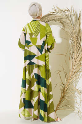 Boy Düğmeli Salaş Desenli Elbise Yeşil - Tesettür Elbise