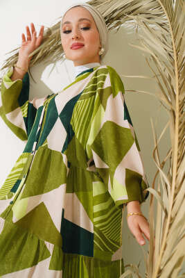 Boy Düğmeli Salaş Desenli Elbise Yeşil - Tesettür Elbise