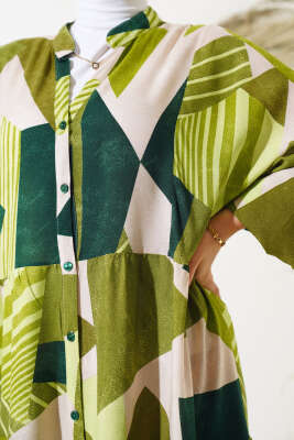 Boy Düğmeli Salaş Desenli Elbise Yeşil - Tesettür Elbise