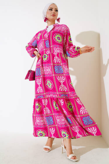 Boy Düğmeli Salaş Viskon Elbise Fusya Yeşil - Elbise