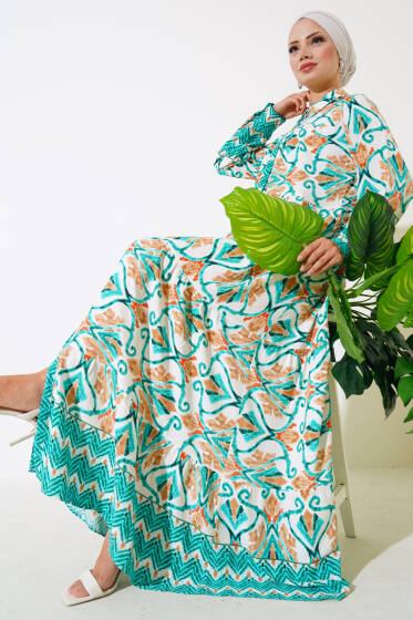 Boy Düğmeli Viskon Elbise Bej Mint - Elbise