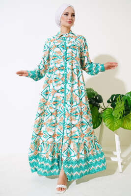 Boy Düğmeli Viskon Elbise Bej Mint - Tesettür Elbise