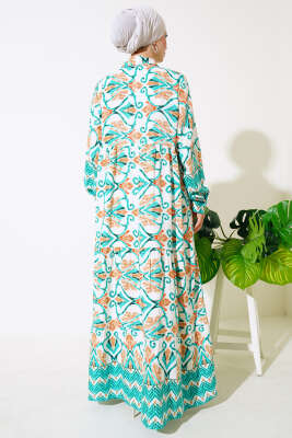 Boy Düğmeli Viskon Elbise Bej Mint - Tesettür Elbise