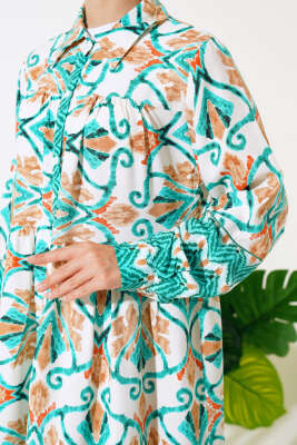 Boy Düğmeli Viskon Elbise Bej Mint - Tesettür Elbise