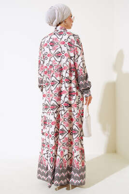 Boy Düğmeli Viskon Elbise Gül Kurusu Siyah - Tesettür Elbise