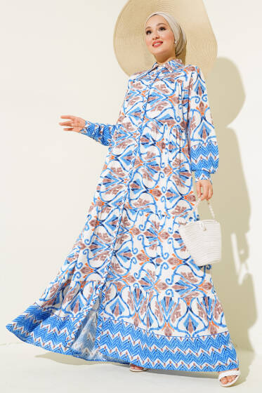 Boy Düğmeli Viskon Elbise Mavi Kahve - Elbise