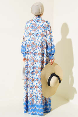 Boy Düğmeli Viskon Elbise Mavi Kahve - Tesettür Elbise