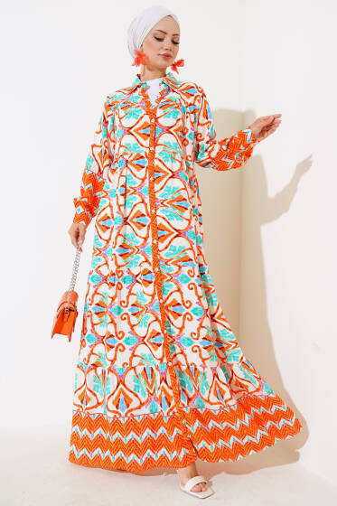 Boy Düğmeli Viskon Elbise Oranj Yeşil - Elbise