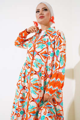 Boy Düğmeli Viskon Elbise Oranj Yeşil - Tesettür Elbise