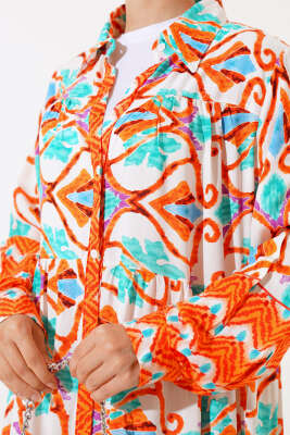 Boy Düğmeli Viskon Elbise Oranj Yeşil - Tesettür Elbise