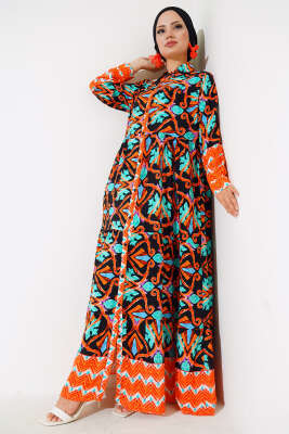 Boy Düğmeli Viskon Elbise Siyah Kiremit - YÖNE TEKSTİL