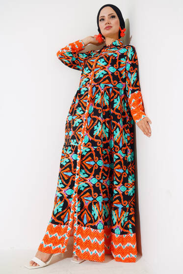 Boy Düğmeli Viskon Elbise Siyah Kiremit - Elbise