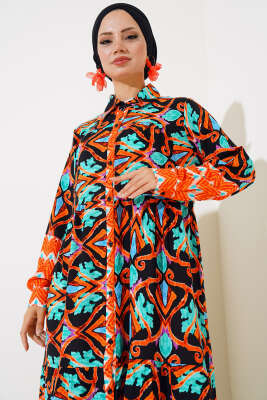 Boy Düğmeli Viskon Elbise Siyah Kiremit - Tesettür Elbise