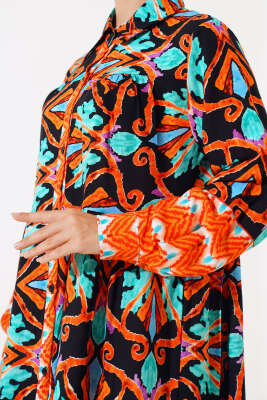 Boy Düğmeli Viskon Elbise Siyah Kiremit - Tesettür Elbise