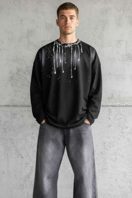 Boya Detaylı Erkek Sweatshirt Siyah - MACINIST