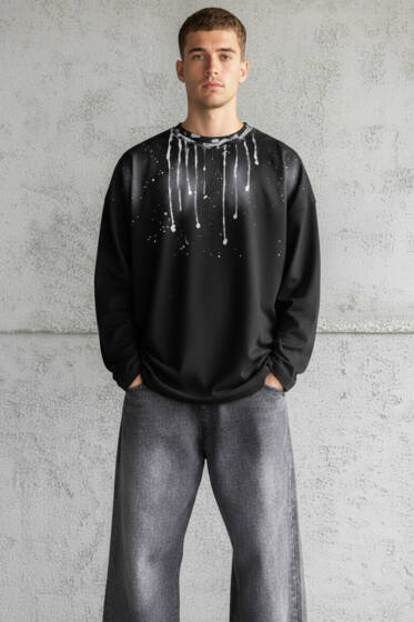 Boya Detaylı Erkek Sweatshirt Siyah - Erkek Sweatshirt