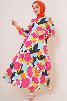 Boyama Çiçek Desenli Terikoton Elbise Fuşya - Thumbnail