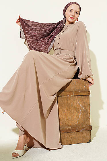 Boydan Brit Düğmeli Kemerli Elbise Bej - Elbise