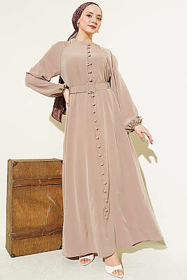 Boydan Brit Düğmeli Kemerli Elbise Bej - Elbise