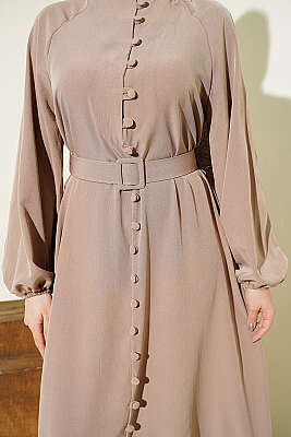 Boydan Brit Düğmeli Kemerli Elbise Bej - Elbise