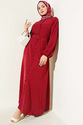 Boydan Brit Düğmeli Kemerli Elbise Bordo - BERAT TEKSTİL