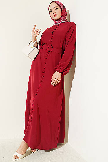 Boydan Brit Düğmeli Kemerli Elbise Bordo - Elbise