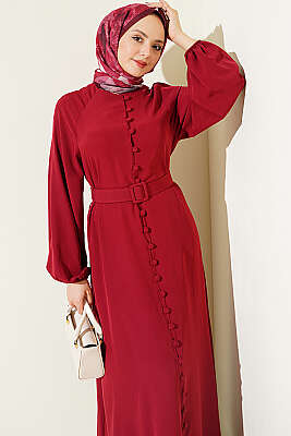 Boydan Brit Düğmeli Kemerli Elbise Bordo - Elbise