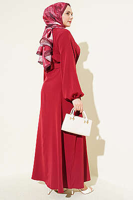 Boydan Brit Düğmeli Kemerli Elbise Bordo - Elbise