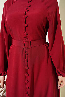 Boydan Brit Düğmeli Kemerli Elbise Bordo - Elbise