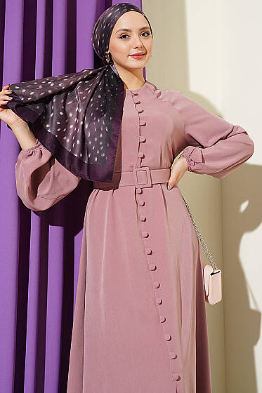 Boydan Brit Düğmeli Kemerli Elbise Gül Kurusu - Elbise