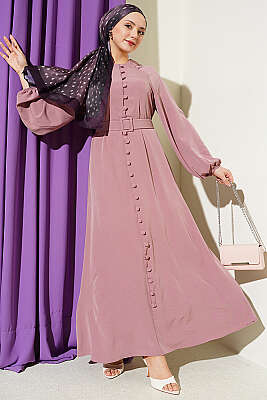 Boydan Brit Düğmeli Kemerli Elbise Gül Kurusu - Elbise