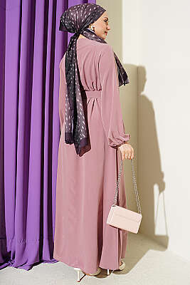 Boydan Brit Düğmeli Kemerli Elbise Gül Kurusu - Elbise