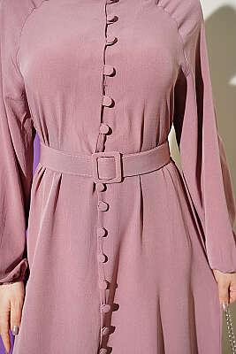 Boydan Brit Düğmeli Kemerli Elbise Gül Kurusu - Elbise