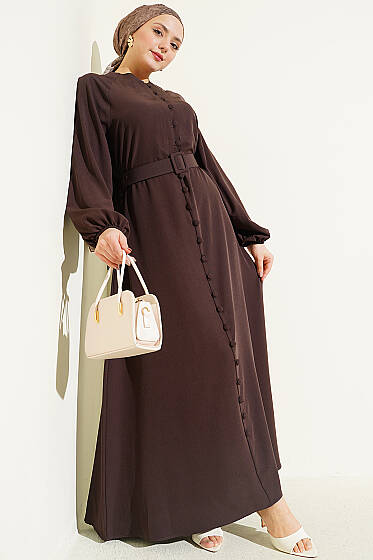 Boydan Brit Düğmeli Kemerli Elbise Kahve - Elbise